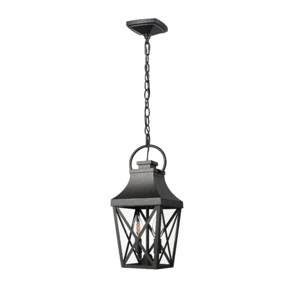 Black Outdoor Pendant Light 2-Light Outside Pendant Hanging Light Fixture Ceiling Mount with Clear Glass Industrial Hanging Cage Chandelier for Porch,Entryway,Doorway,Farmhouse (1 pack)