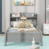 Wood Twin Size Platform Bed with Built-in LED Light, Storage Headboard and Guardrail, Antique Grey