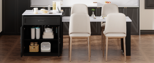 K&K 82.7 inch Kitchen Island with Extendable Dining Table for 4-6 Person,Faux Mable Kitchen Table with Double-sized Storage,Power Outlet,Kitchen island with Storage 2 Drawers 2 Side Open Shelves,Black