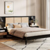 Queen Size Solid Wood Bed Frame with 2 Nightstands, Elegant Design with Lamps, Rattan and Wood Combination,Black