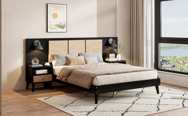 Queen Size Solid Wood Bed Frame with 2 Nightstands, Elegant Design with Lamps, Rattan and Wood Combination,Black