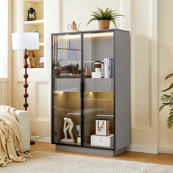 60.6'' Freestanding Display Cabinet with 2 Storage Drawers, Pantry with Glass Doors & LED Lighting, Modern China Cabinet with Adjustable Shelves for Hallways, Kitchen, Livingroom & Office - Grey