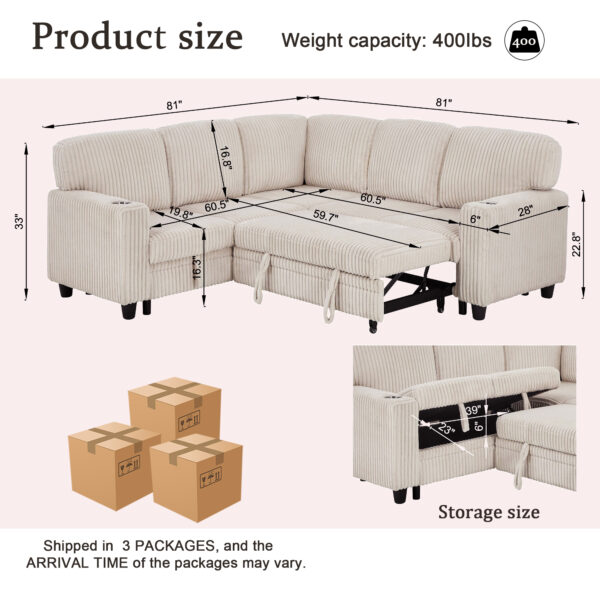 L-Shaped Sectional Sofa Bed with Pull-Out Bed & Storage, 5-Seat Sleeper Couch with USB Charging, Convertible Design for Living Room, Apartment, Corduroy Fabric, Beige