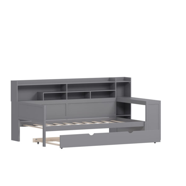 Wooden Twin Size Daybed with Storage Shelves, Multi-functional Bed with Twin Size Trundle Bed and  Study Desk, Gray