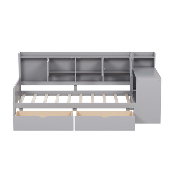 Twin Size Daybed with Storage 3 Cabinets and 2 Drawers, Wooden L-Shape Daybed Frame with Study Desk and Built-in Bookshelf, Multi-functional Bed for Bedroom Guest Room,Gray