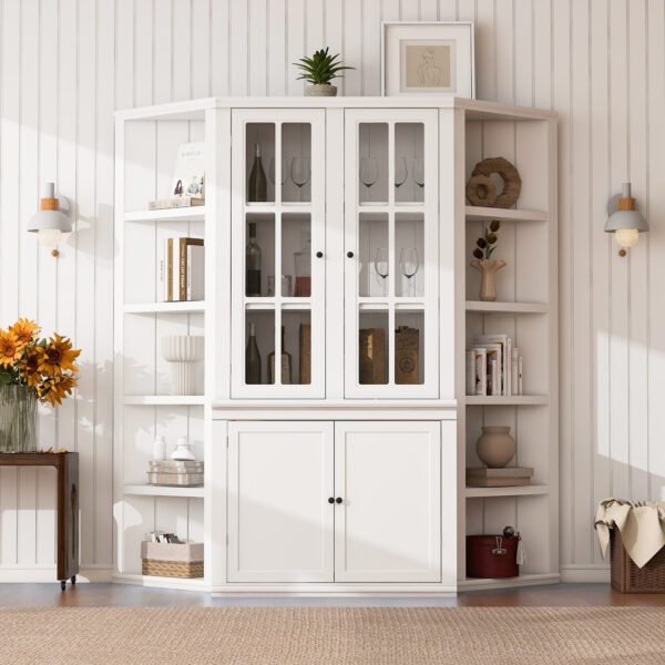 75.25'' Tall Display Cabinet and Two Triangle Sided Bookshelves, 69.25'' Wide Retro Style Wall Suit with Glass Doors, for Hallways, Living room, Office, Studio or Workspace - White