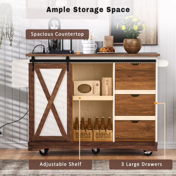 K&K 55.5" Farmhouse Kitchen Island with Drop Leaf, Kitchen Storage Island with Barn Door, Power Outlet, Rolling Kitchen Cart on Wheels with Spice Rack, for Home, Kitchen, Dining Room, White