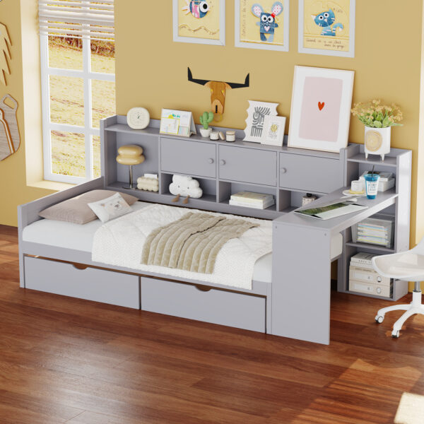Twin Size Daybed with Storage 3 Cabinets and 2 Drawers, Wooden L-Shape Daybed Frame with Study Desk and Built-in Bookshelf, Multi-functional Bed for Bedroom Guest Room,Gray