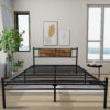Queen Size Metal Bedframe with Wood Panel Headboard - Black+Brown