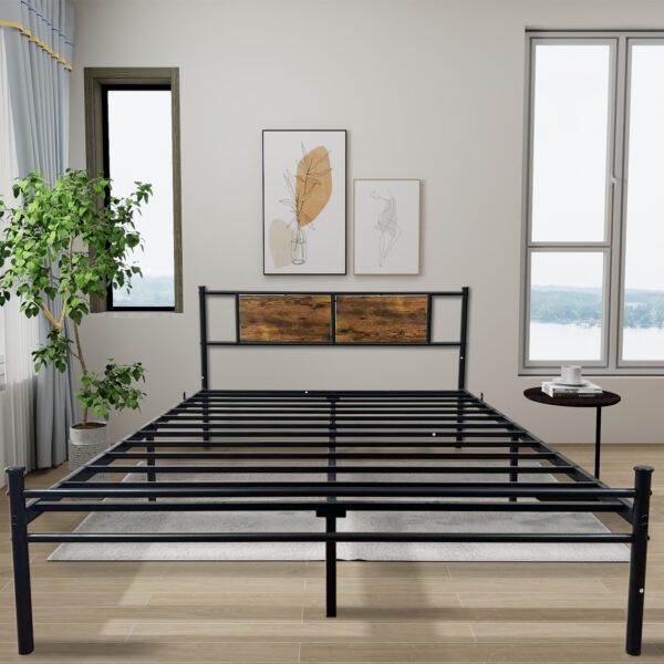a435c954899e43948e028ffe187b01e6_958d7b95ca7eb9ee347692d83dfeb0bf Queen Size Metal Bedframe with Wood Panel Headboard - Black+Brown
