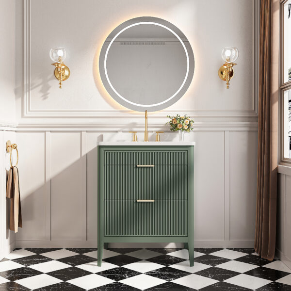Fully Assembled 30''  Green Freestanding Single Sink Bathroom Vanity with Solid Wood Construction and Engineered Marble Top