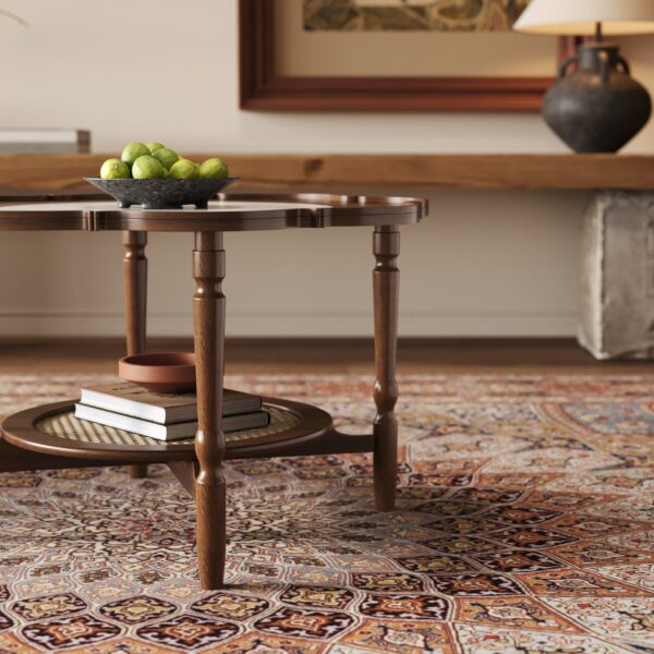 Mid-Century Style Coffee Table with Petal Shape and White Crackle Pattern Glass, 2-Tiered Coffee Table with Rattan, Walnut, 31.5"