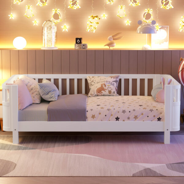 Twin Size Wood Platform Bed for Kids, Wood Low Profile Twin Bed with Rails for Girls and Boys, White (Patented Design)