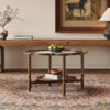 Mid-Century Style Coffee Table with Petal Shape and White Crackle Pattern Glass, 2-Tiered Coffee Table with Rattan, Walnut, 31.5"