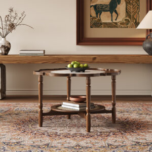 Mid-Century Style Coffee Table with Petal Shape and White Crackle Pattern Glass, 2-Tiered Coffee Table with Rattan, Walnut, 31.5"