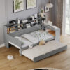 Wooden Twin Size Daybed with Storage Shelves, Multi-functional Bed with Twin Size Trundle Bed and  Study Desk, Gray