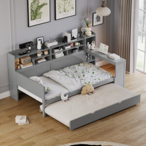 Wooden Twin Size Daybed with Storage Shelves, Multi-functional Bed with Twin Size Trundle Bed and  Study Desk, Gray