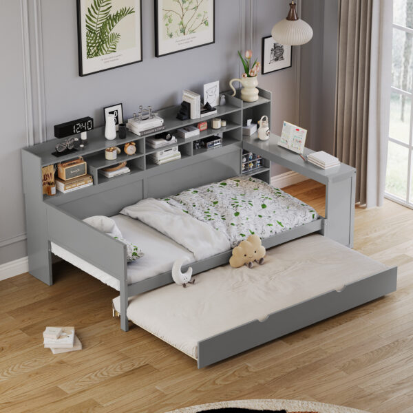 Wooden Twin Size Daybed with Storage Shelves, Multi-functional Bed with Twin Size Trundle Bed and  Study Desk, Gray