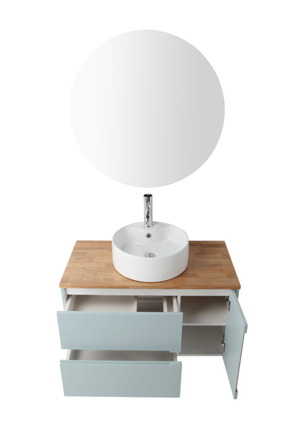 a643e4c49aec45e5be890ec6c7b38df0_fa871d25fb122345bd14e68d5d7296cc 36-Inch Double Drawer + Single Door Wall-Mounted Bathroom Vanity .Blue Cabinet + Solid Wood Natural Top,Round Art Ceramic Sink Modern Minimalist Design,For Bathroom
