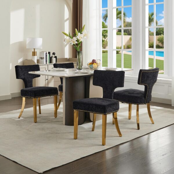 Mid Century Modern Dining Chairs Set of 2, Farmhouse Chenille Fabric Upholstered Accent Chair Curved Backrest with Copper Nails around,Kitchen Chairs with Golden Stainless Steel Plating Legs, Black