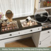 61.5" Farmhouse Vanity Desk with Mirror and LED Lights, Dressing Table with 5 Drawers and 4 Cabinets, Makeup Vanity Table Set with Glass Visual Desktop and Cushion Stool, for Bedroom