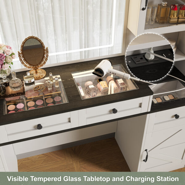 a7229d69521747d298d1d06e5a3ec612_e1bfc44fe2fbbabe68aa46dd2718b5b9 61.5" Farmhouse Vanity Desk with Mirror and LED Lights, Dressing Table with 5 Drawers and 4 Cabinets, Makeup Vanity Table Set with Glass Visual Desktop and Cushion Stool, for Bedroom