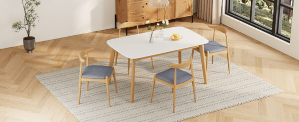 5-Piece Mid-Century Modern Dining Set - Solid Wood Frame Table + 4 Beige Upholstered Chairs(White Oak+Gray)
