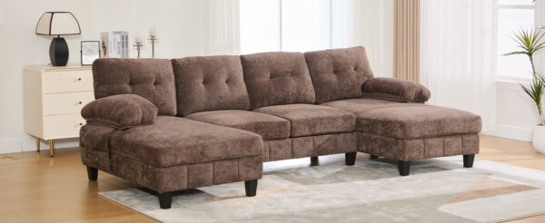 U-shaped Sectional Sofa 103.5" Chenille Fabric Couch with Dual Chaise Lounges, Storage Pockets and Armrest Pillows for Living Room, Brown