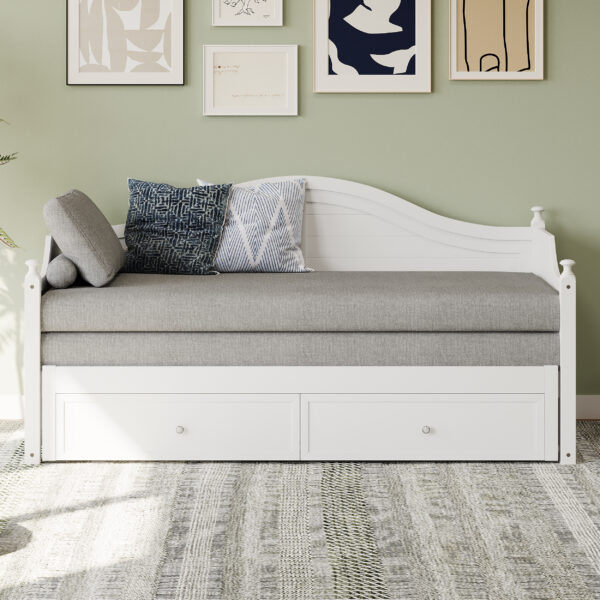 Twin Size Wood Daybed Extended Bed with Storage Drawers Wooden Sofa Bed for Living Room Guest Room, White
