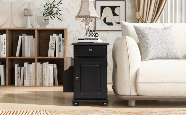 U-Can Vintage End Table Flip Top Side Table with USB Ports, One Multifunctional Drawer with cup holders, Sofa Couch Table with Bookshelf for Living room and Small Space