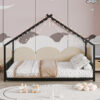 Full size children's bed frame with LED light strips, roof-shaped iron frame bed, Black,78.5" L x 55.9" W x 58.4" H.