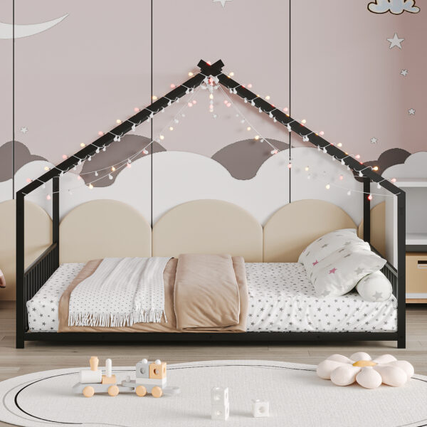 Full size children's bed frame with LED light strips, roof-shaped iron frame bed, Black,78.5" L x 55.9" W x 58.4" H.