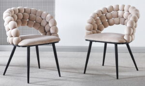 white Modern chair(set of 2 ) with golden color iron tube legs,  soft cushions and comfortable backrest, suitable for dining room, living room, cafe,hairball back