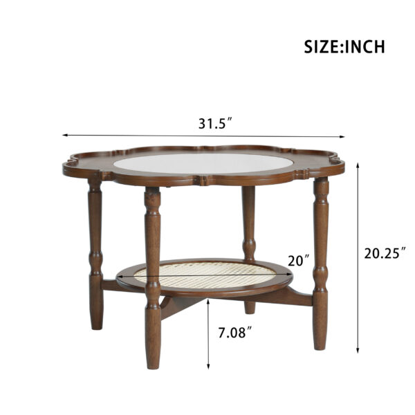 Mid-Century Style Coffee Table with Petal Shape and White Crackle Pattern Glass, 2-Tiered Coffee Table with Rattan, Walnut, 31.5"