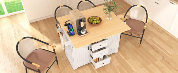 K&K 55.7'' Large Kitchen Island with 2 Drop Leaf,, Rolling Kitchen Cart on 5 Wheels with Power Outlet, Folding Storage Dining Table with Spice & Towel Rack , 3 Drawers, for Kitchen, Dining Room,White