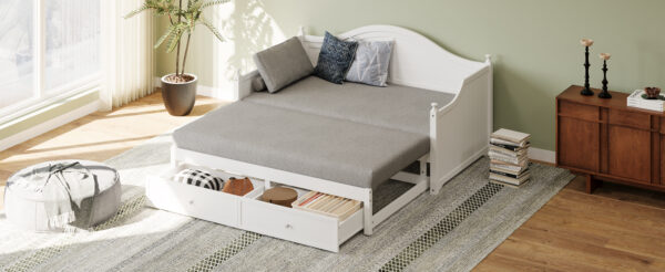 Twin Size Wood Daybed Extended Bed with Storage Drawers Wooden Sofa Bed for Living Room Guest Room, White