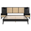 Queen Size Solid Wood Bed Frame with 2 Nightstands, Elegant Design with Lamps, Rattan and Wood Combination,Black