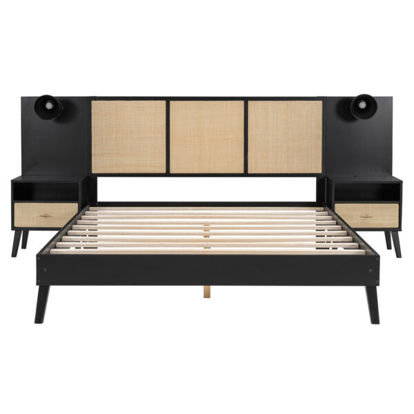 Queen Size Solid Wood Bed Frame with 2 Nightstands, Elegant Design with Lamps, Rattan and Wood Combination,Black