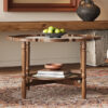 Mid-Century Style Coffee Table with Petal Shape and White Crackle Pattern Glass, 2-Tiered Coffee Table with Rattan, Walnut, 31.5"