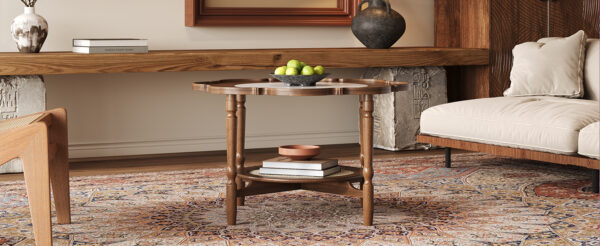 Mid-Century Style Coffee Table with Petal Shape and White Crackle Pattern Glass, 2-Tiered Coffee Table with Rattan, Walnut, 31.5"