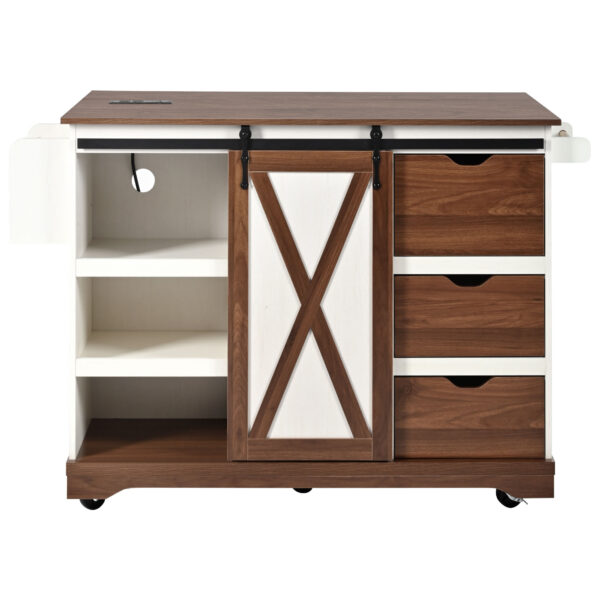 K&K 55.5" Farmhouse Kitchen Island with Drop Leaf, Kitchen Storage Island with Barn Door, Power Outlet, Rolling Kitchen Cart on Wheels with Spice Rack, for Home, Kitchen, Dining Room, White
