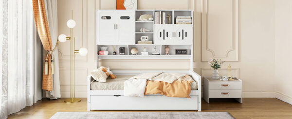 Twin Size Wooden Daybed With Twin Size Trundle, and All-in-One Cabinet and Shelf, White
