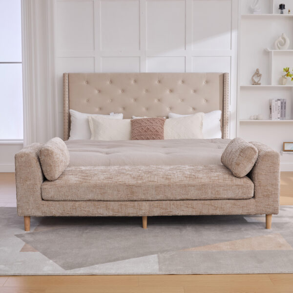 83.1"Wide Modern Upholstered End of Bed Bench with Armrests, Chenille Chaise Lounge Couch with 2 Bolster Pillows, Daybed with Rubberwood Legs For Living Room,Bedroom,Apartment,Guestroom, Wheat