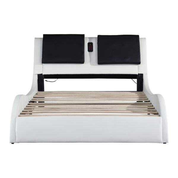ae301c02c2134473a91bdeb8ff6a8070_20221205_168bb10a270d8eb9f697428696ee33f5 Faux Leather Upholstered Platform Bed Frame with led lighting ,Bluetooth connection to play music control,Backrest vibration massage,Curve Design, Wood Slat Support, No Box Spring Needed,Queen