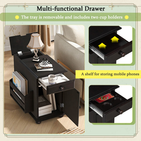 U-Can Vintage End Table Flip Top Side Table with USB Ports, One Multifunctional Drawer with cup holders, Sofa Couch Table with Bookshelf for Living room and Small Space