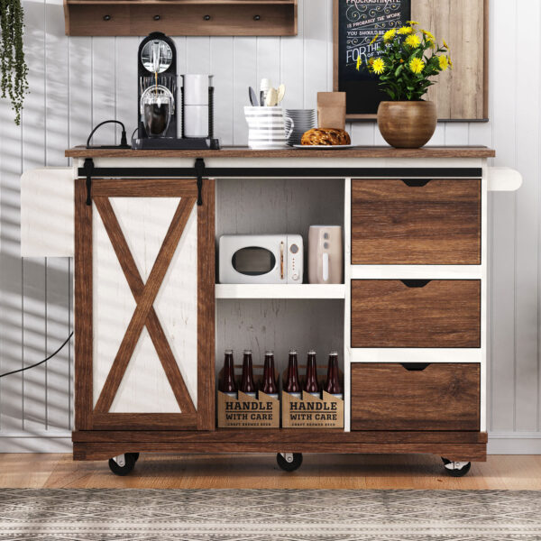 K&K 55.5" Farmhouse Kitchen Island with Drop Leaf, Kitchen Storage Island with Barn Door, Power Outlet, Rolling Kitchen Cart on Wheels with Spice Rack, for Home, Kitchen, Dining Room, White
