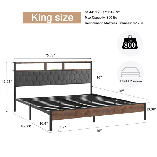 af96e3f277fc4c6fa88c3cce83e43e2c_26f995145c037123cc4dc8d16715104c King size bed, wooden platform bed frame, bedside with soft packaging and 2 USBs, no noise, no need for spring mattresses and simple assembly tools, large storage space under the bed, brown color