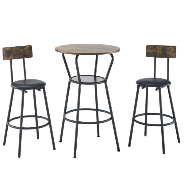 afbce7163c0e4aefb71d3fe33f28acdb_20240113_b716ce3268194e5a854c347196716249 Round bar table and stool set with shelf, upholstered stool with backrest, Rustic Brown, 24.17"W x 24.17"D x 36.02"H