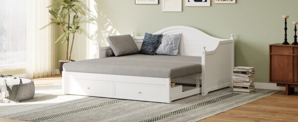 Twin Size Wood Daybed Extended Bed with Storage Drawers Wooden Sofa Bed for Living Room Guest Room, White