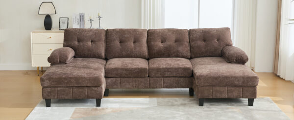 U-shaped Sectional Sofa 103.5" Chenille Fabric Couch with Dual Chaise Lounges, Storage Pockets and Armrest Pillows for Living Room, Brown